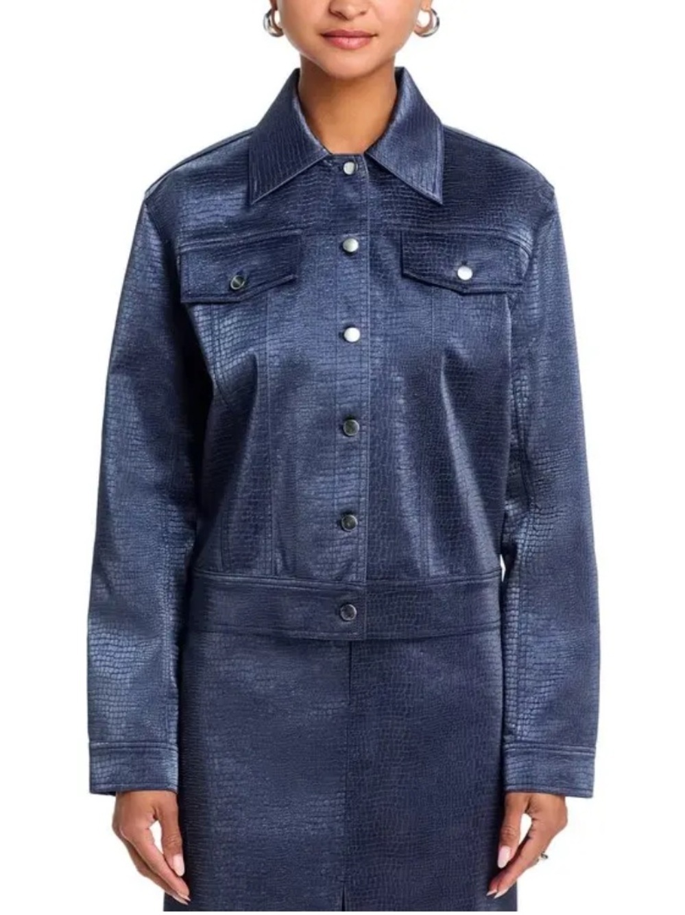 Wayf Camille Faux Leather Jacket in Metallic Navy - Picture 5 of 12
